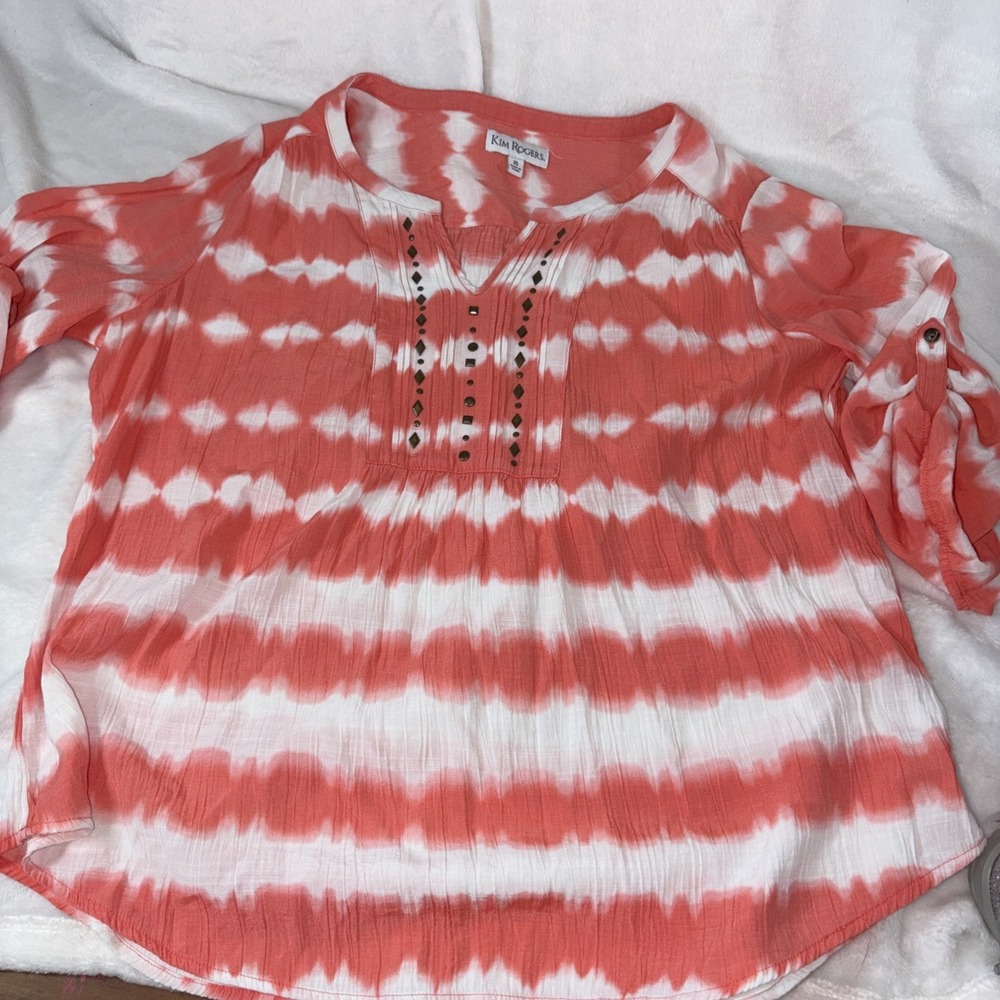 Kim Rogers Coral Tie Dye Peasant Blouse Crinkle Beaded Top XL Boho Vacation EUC